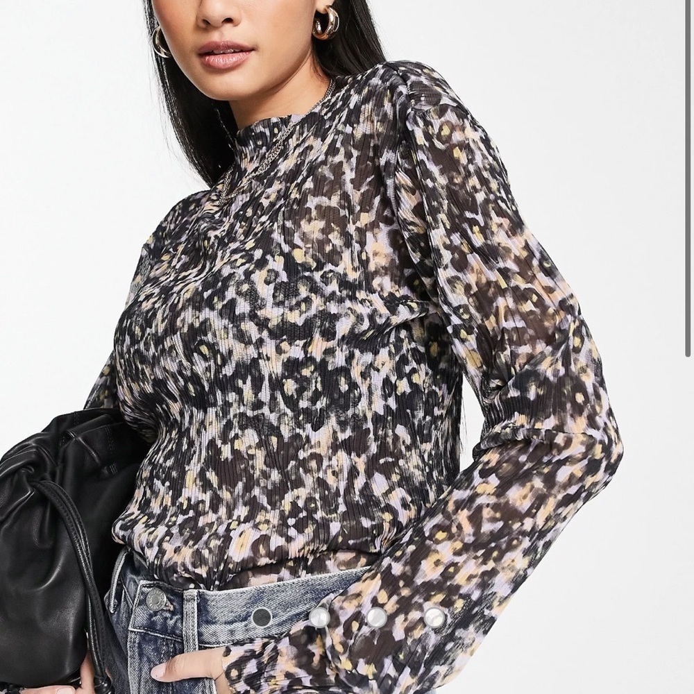 & Other Stories long sleeve polyester crinkle print top in black and pink